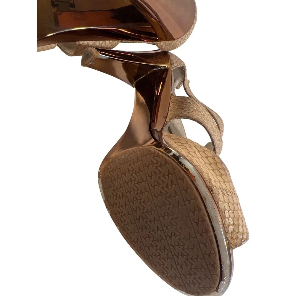 Michael Kors Snakeskin Embossed Leather Cage Sandals Tan Gold Zip Heels Size 8